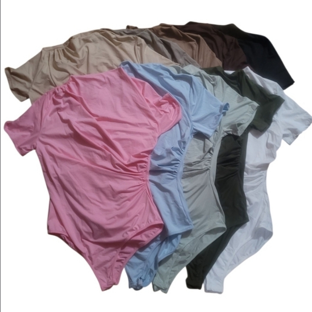 NWOT: Blue, Elegant, ruched, short sleeve, snap closure, bodysuits (10 Colors) - Picture 3 of 13